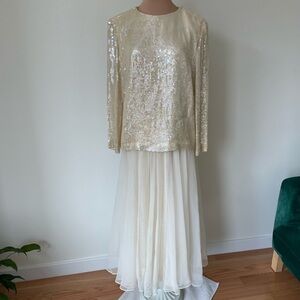 Vintage Jeanette St Martin Ivory Silk Sequin Long Sleeve Midi Two Piece Dress S